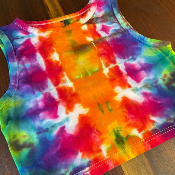 Women's Tie Dyed Tank Crop - Ice Dye Handmade - Funky Rainbow (Fitted Large) - Picture 8 of 11